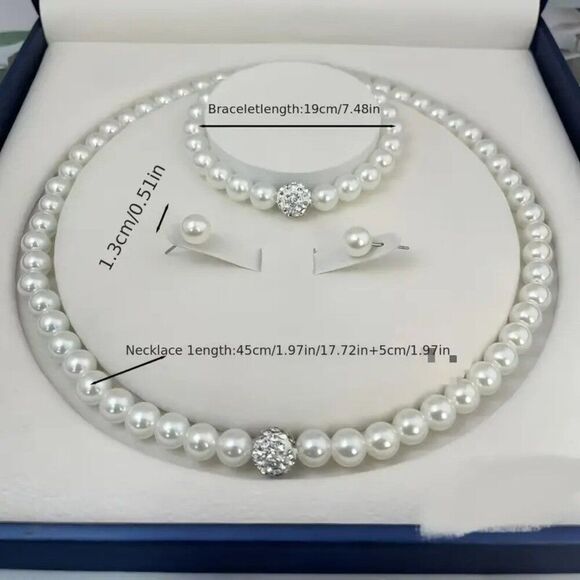 Boho-Chic 4pcs Faux Pearl Jewelry Set - Necklace, Earrings & Bracelet - Picture 3 of 3